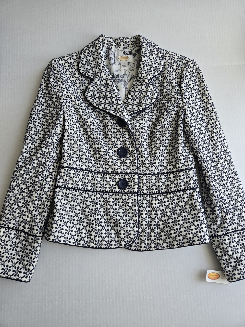 Talbots Navy and White Floral Piped Blazer
